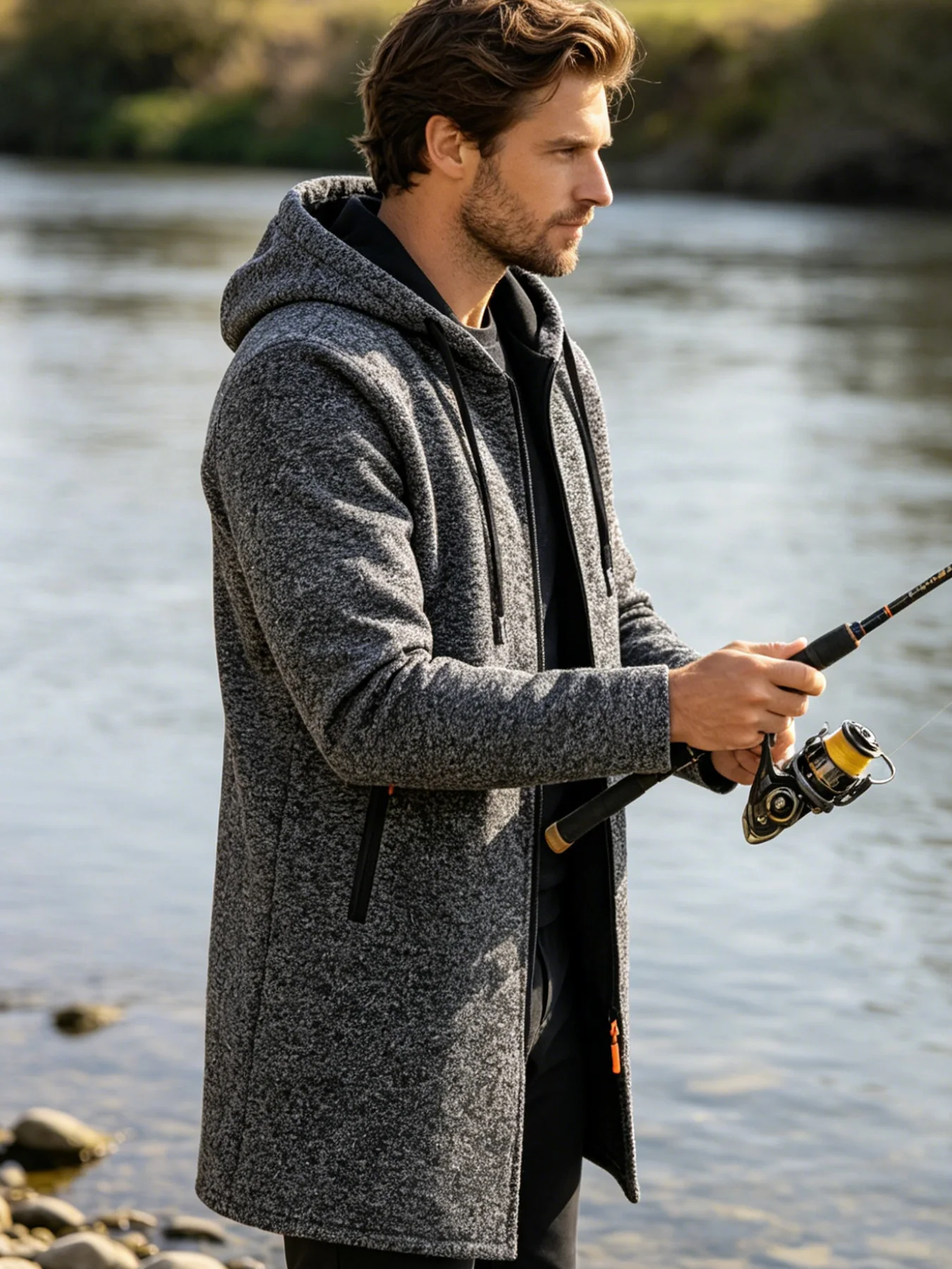 Men Mid‑Length Hooded Full Zip Sweatshirt Heather Knit Hooded outerwearFleece Lined Coat Zipper Pockets With Drawstring