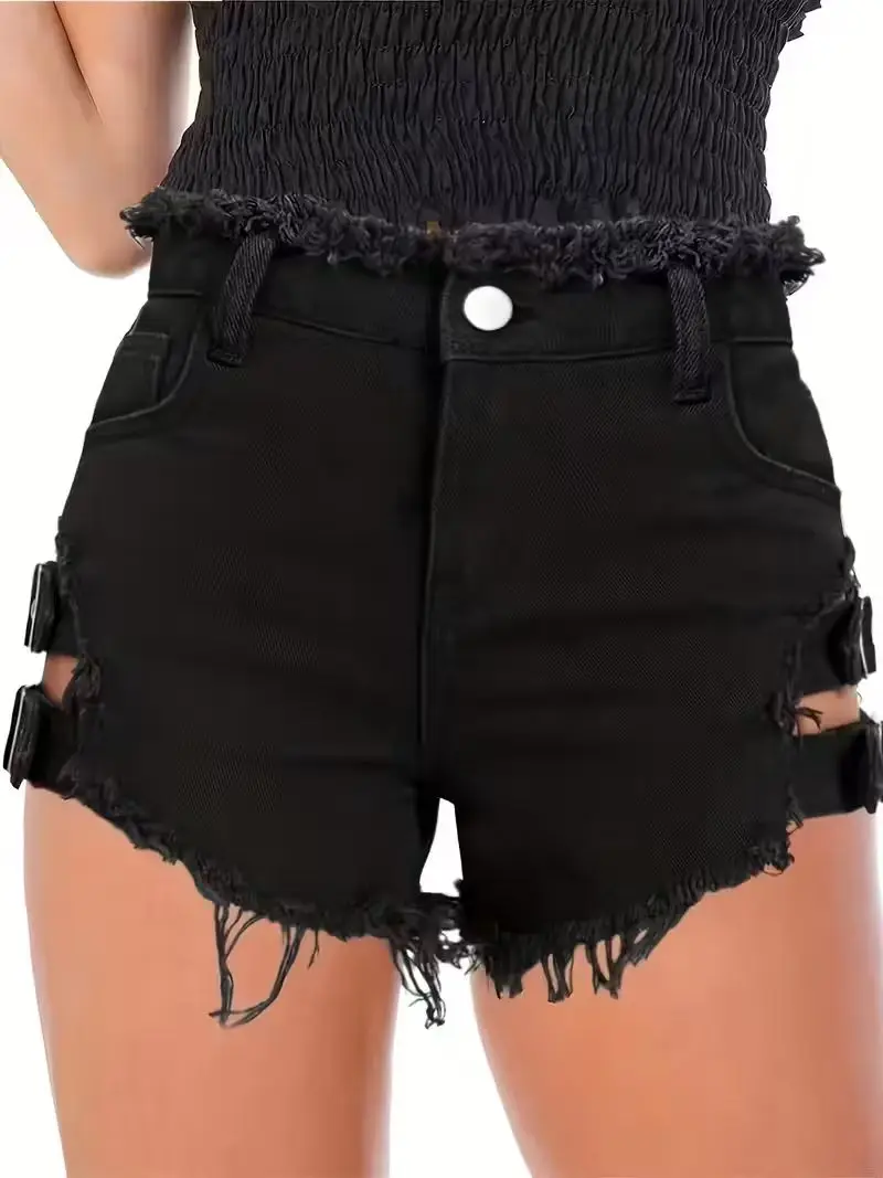Women's Black Denim Shorts Low Waisted Frayed Hem Adjustable Buckle Straps Cutout Sexy Clubwear Party Mini Hot Pants view 2