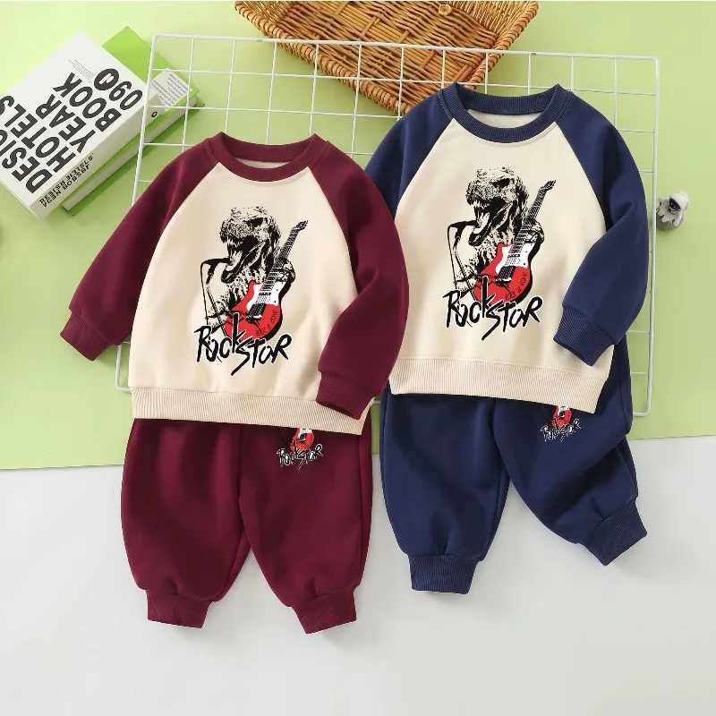 Spring Autumn Kids Fashion Tracksuits Dinosaur Printed Boys O Neck Hoodies  Long Pant Two Piece Sets Children's Sweatshirt Suit