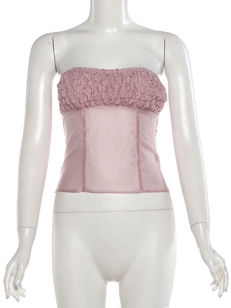 Weird Puss Sweet Ruched 2 Piece Set Women Hottie See Through Sleeveless Patchwork Vest+Peach Hip Skirt Vacation Party Clubwear