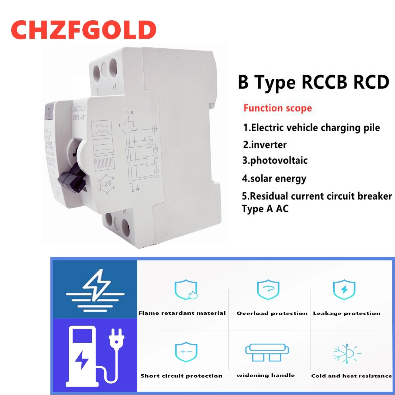 

RCCB RCD DC Electric Vehicle EV Charging Pile Residual Current breaker 30and300mA Type B 10KA Din Rail Earth Leakage CHZFGOLD