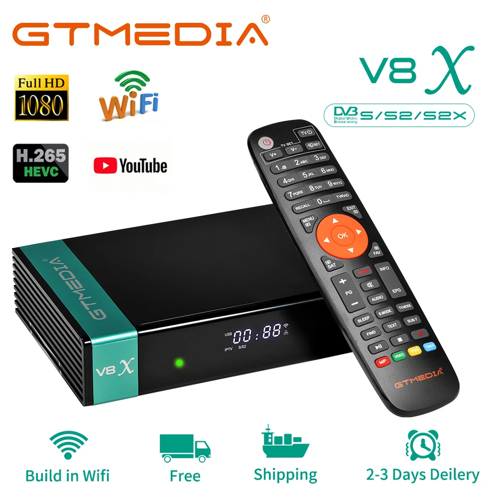 กล่องรับสัญญาณดาวเทียม GTMEDIA V8X รองรับ DVB S/S2/S2X ความละเอียด 1080P HD พร้อม WiFi 2.4G ในตัว ช่องใส่การ์ด CA กล่องรับสัญญาณอัจฉริยะ รองรับภาษาสเปน