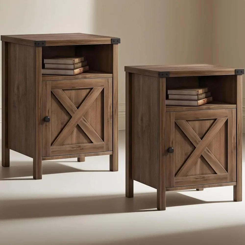 

Farmhouse, End Table, Nightstand, Side Table, Set of 2 End Table with Barn Door and Shelf, Rustic Oak Nightstand Set of 2, Bed