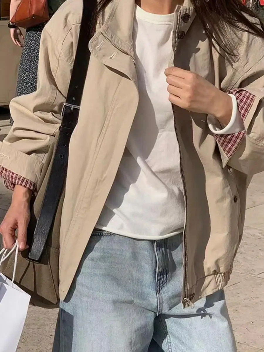 Korean Dongdaemun Retro Plaid Contrast Color Inner Loose Casual Jacket Women's Workwear Short Coat Stand Collar Outerwear
