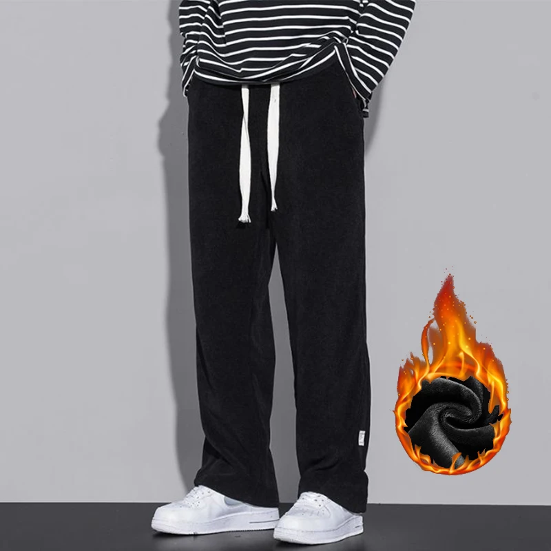 

Men Snow Warm Plush Fleece Sweatpants Male Fashion Loose Straight Leg Wide Leg Pants Simplicity Elastic Stretch Black Trousers
