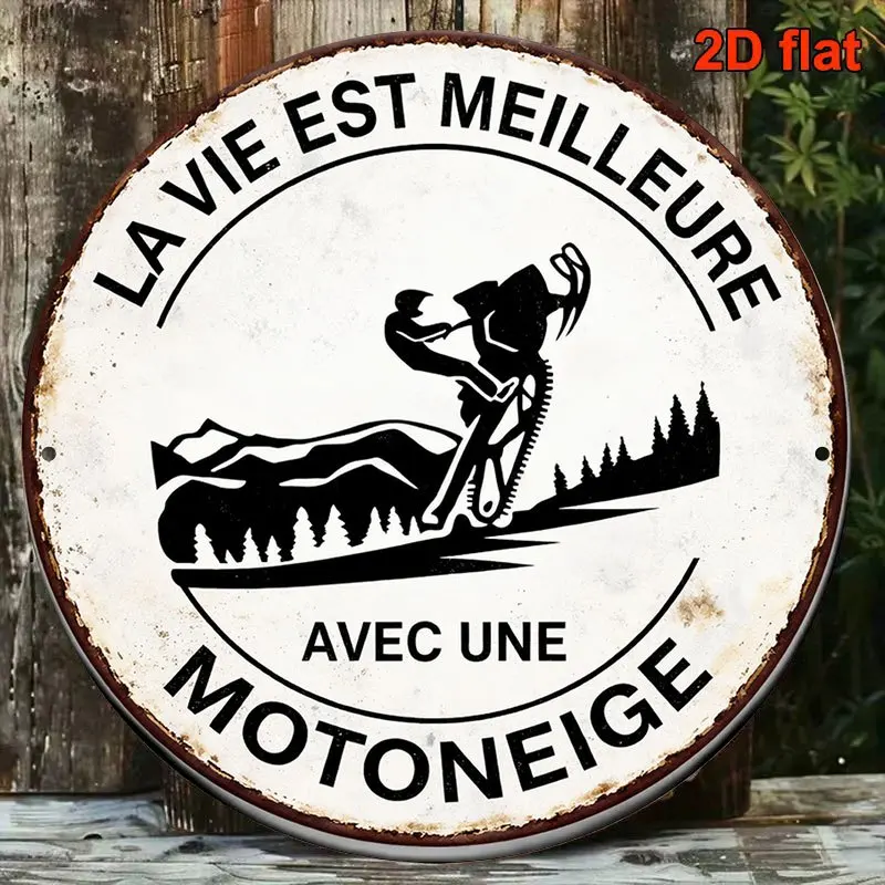 2D Metal Sign 8x8in Round Aluminum Vintage Snowmobile Life Is Good Decor for Garage Bar Outdoor Gift