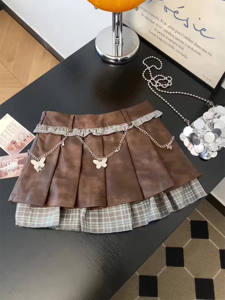 

Женская винтажная плиссированная мини-юбка пикантной девушки с сетчатым узором и цепочкой на талии, милая и крутая кожаная юбка Y2K