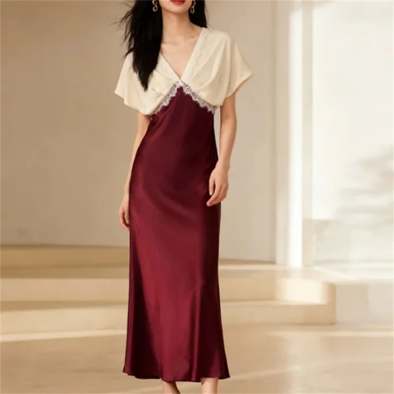 レディースセクシーレースサテンミディドレス　トレンド秋ファッション2025　トレンドセクシーレディースレースサテンミディドレス