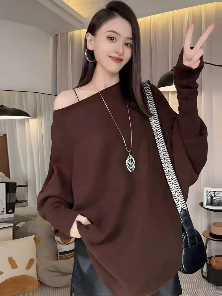 

Faionable Long Sve вязаный свитер женский свободный на одно плечо осенний новый топ Sle Ele Lazy Sle Top