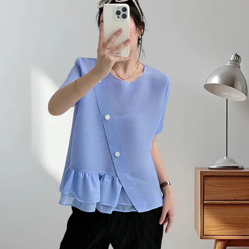 

Irregular Splicing T-shirt Women Round Neck Short-sleeved Loose Design Sense of The Top Simple Casual Large Size with Elasticity