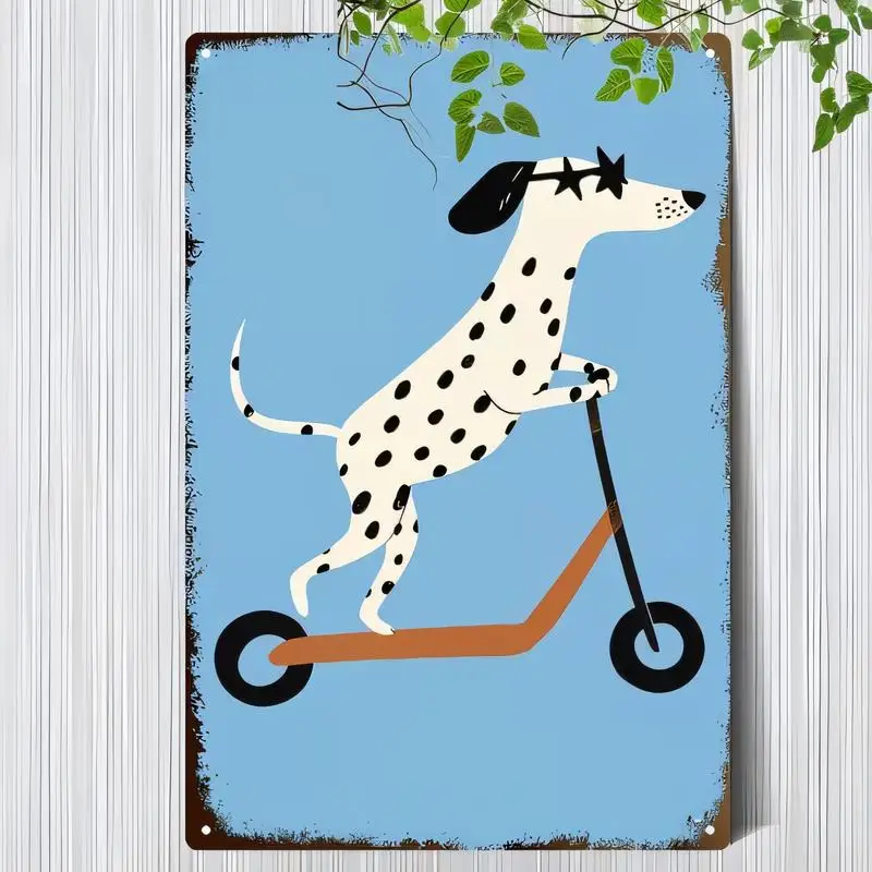 Retro Iron Tin Sign, Cartoon Dalmatian on Scooter (Star Sunglasses) - Blue Whimsical Design, for Kids Room, Café & Home Wall Dec