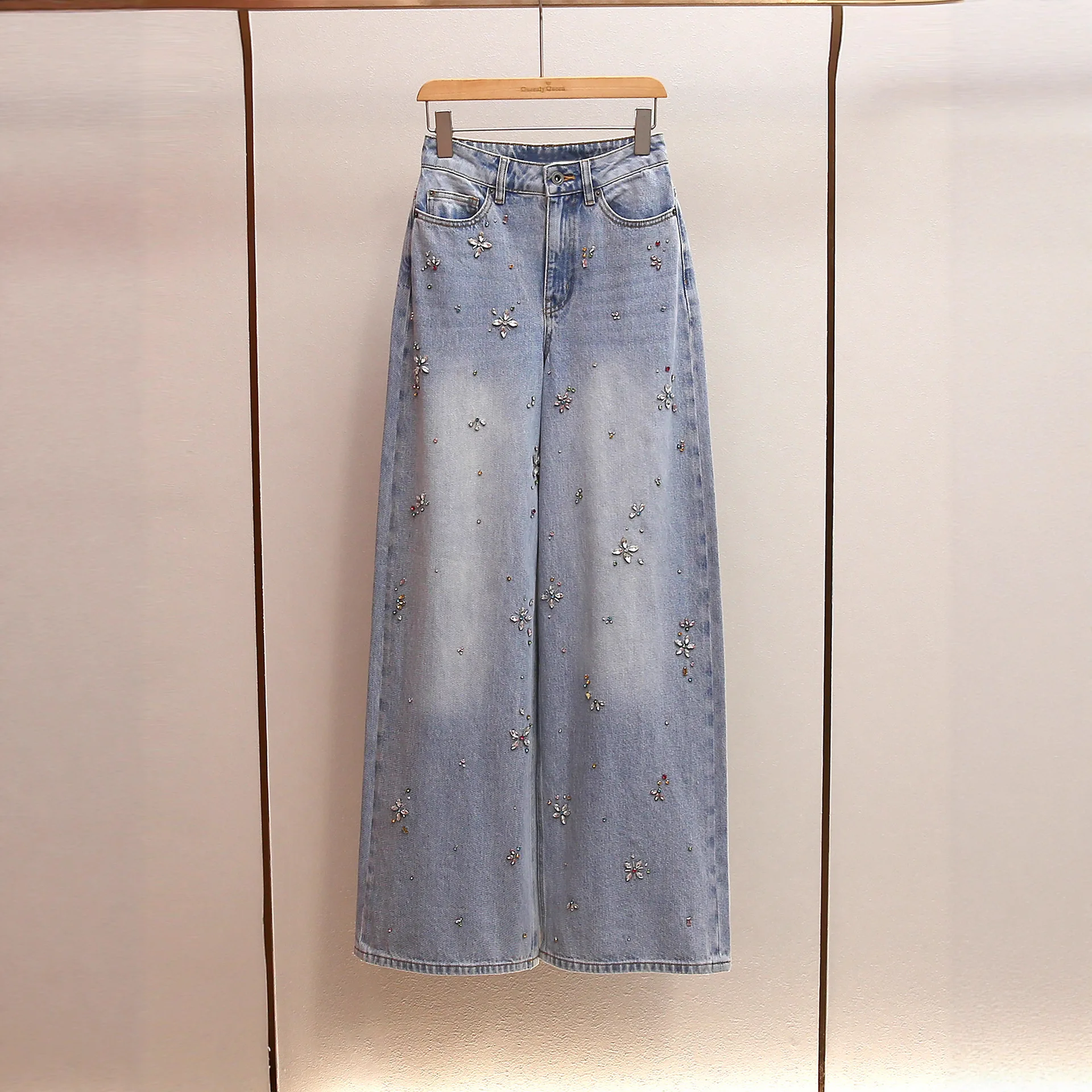 

New French-Style Casual Chic A-Line High-Waist Heavy Rhinestone Embellished Washed Wide-Leg Long Denim Pants for Women