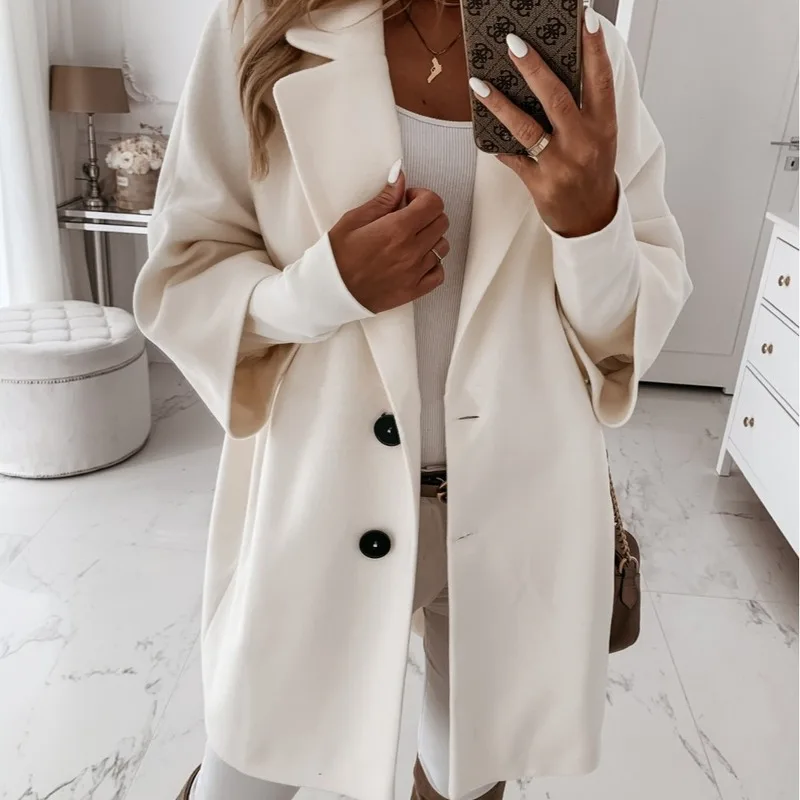 

Autumn and Winter Coat Women's Solid Color Loose Single-breasted Button Pockets Fashion Casual Sleeve Long Coat Coat 4 Colors