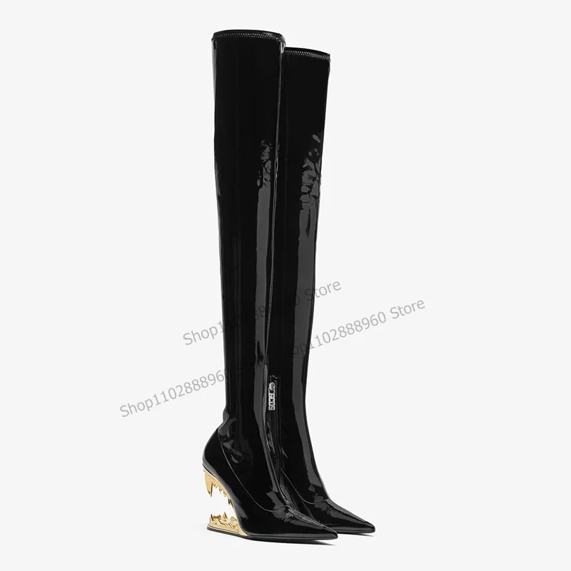 

Thigh High Patent Leather Metal Teeth Heel Boots Strange Style Heel Women Shoes Side Zipper Pointed Toe 2023 Zapatos Para Mujere