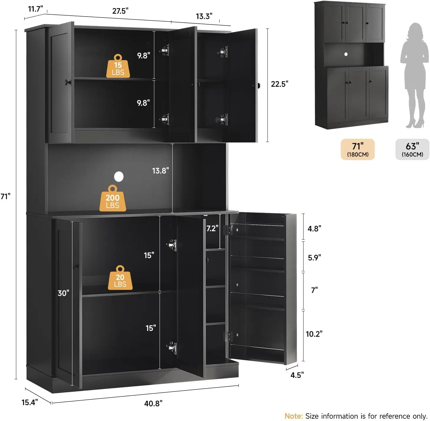 Black Wood Kitchen and Dining Room Pantry Cabinet with Microwave Stand, Door Shelves and Adjustable Shelves