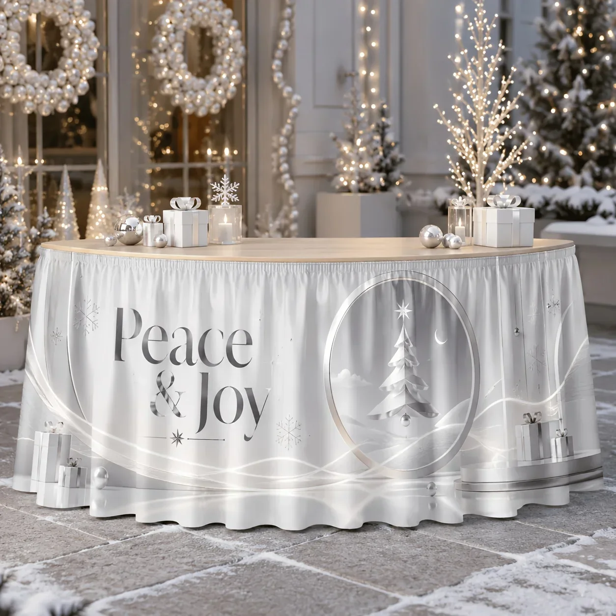Tablecloth table skirt 1 piece, Peace & Joy, minimalist silver-white Christmas tablecloth, 3D paper Christmas treexzj