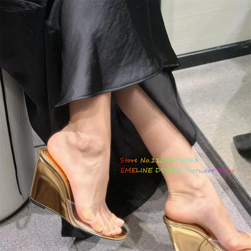 Golden Transparent Pvc High Heels for Women Open Toe Wedge Heel Slingback Slip On Cooling Slippers Summer Outdoor Slippers