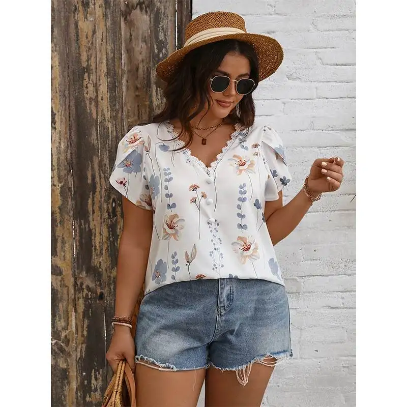 Summer Faion Print Loose Women irt Big Size Ladies Tops Commute Sle Polyester Fiber ort Sve Non-deformable