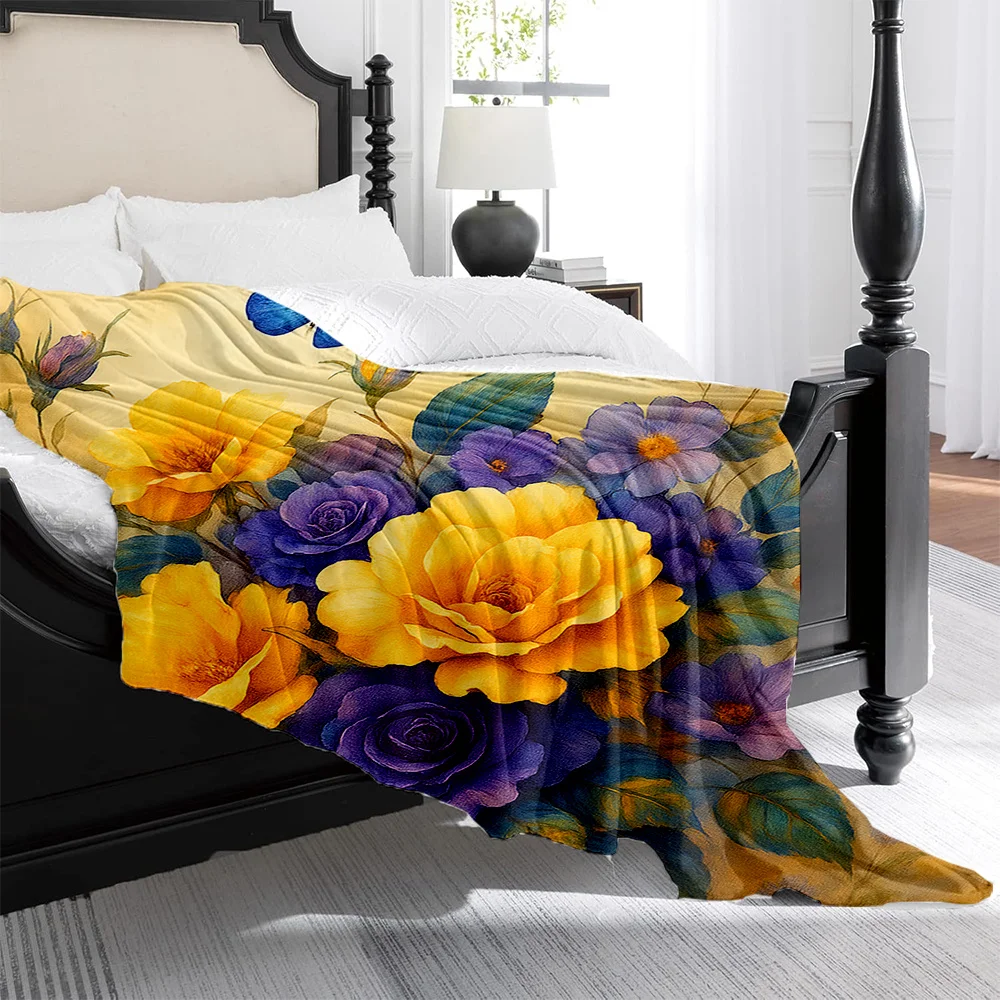 1pc Monet Yellow Purple Roses & Blue Butterfly Print Flannel Blanket - Soft, Warm, and Light Beige-Friendly, All-Season Luxury