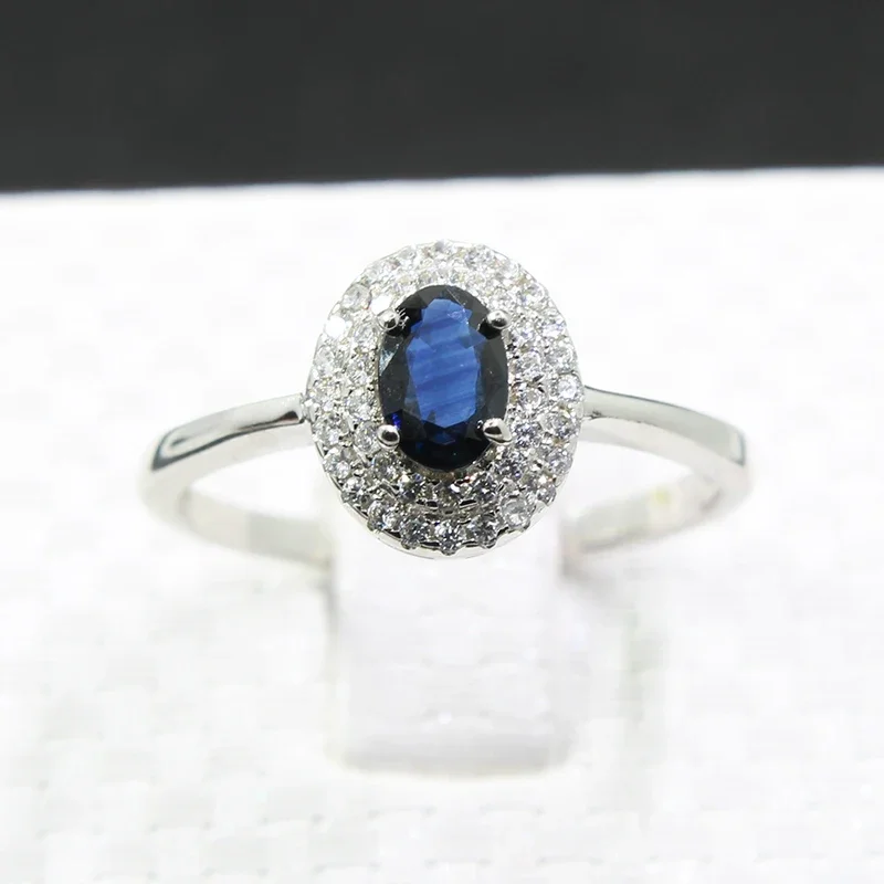 Classic Sapphire Wedding Ring 4mm * 6mm Natural Dark Blue Sapphire Silver Ring Solid 925 Silver Jewelry Gift for Girl