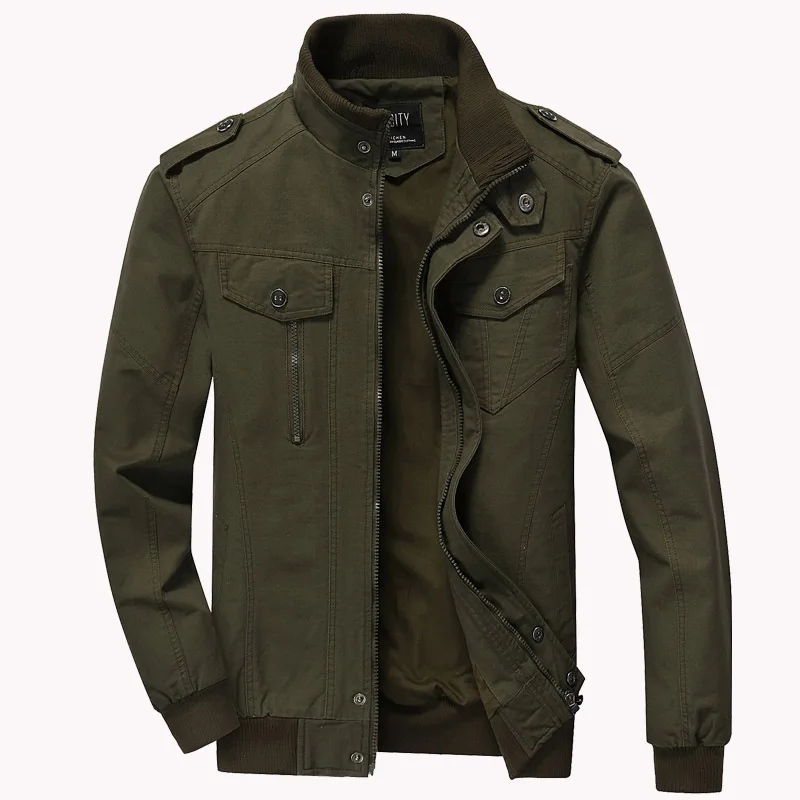 

Army Green Men's Long-sleeve Stand-collar Cotton Jacket, Black Work Coat for Spring and Fall, Khaki Casual Top.