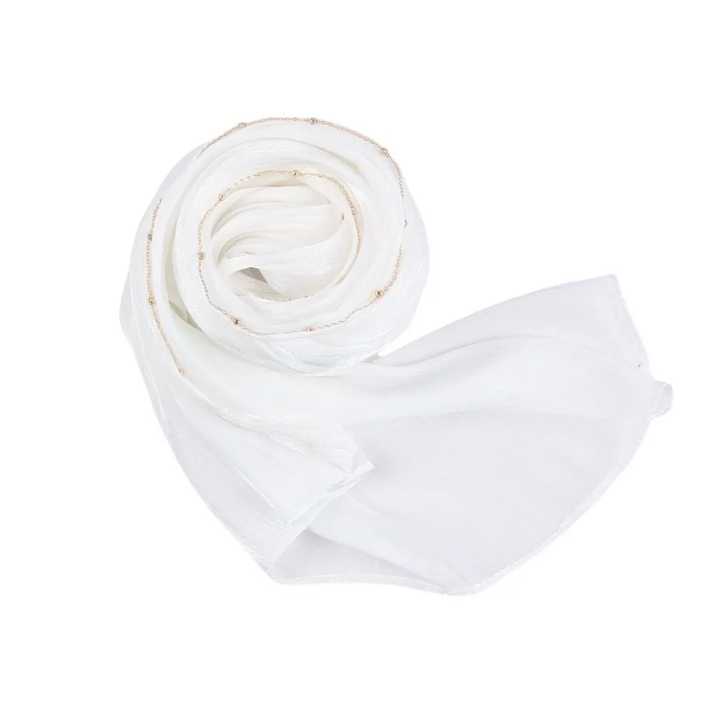 

Роскошный однотонный этнический шарф с бусинами и цепочкой, блестящий головной платок, тонкий длинный исламский тюрбан для женщин