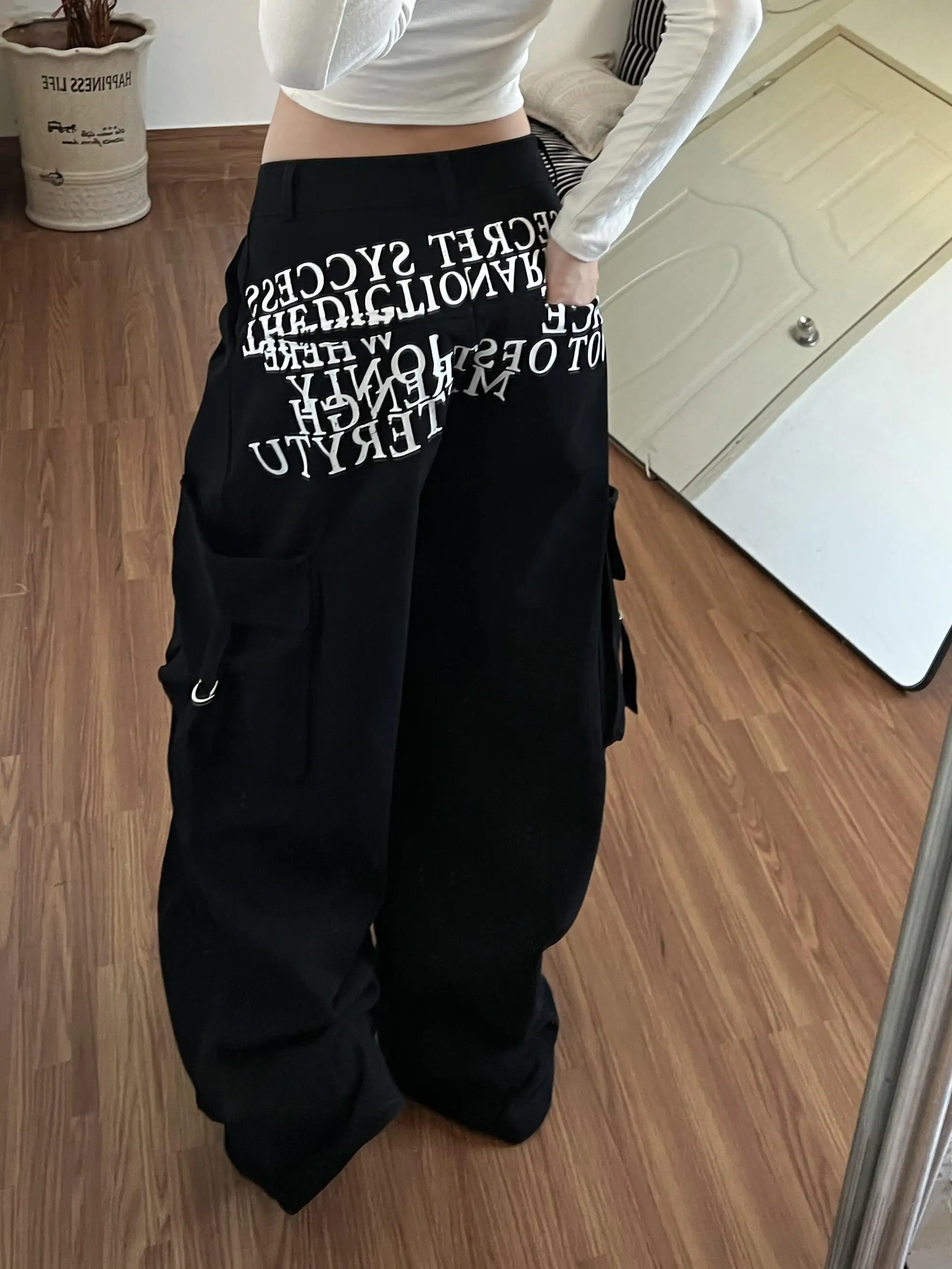 

Cool Sweet Spicy American Style Letter Print High Waist Loose Women's Jeans Black Denim Pants Workwear Wide Leg Floor-Length