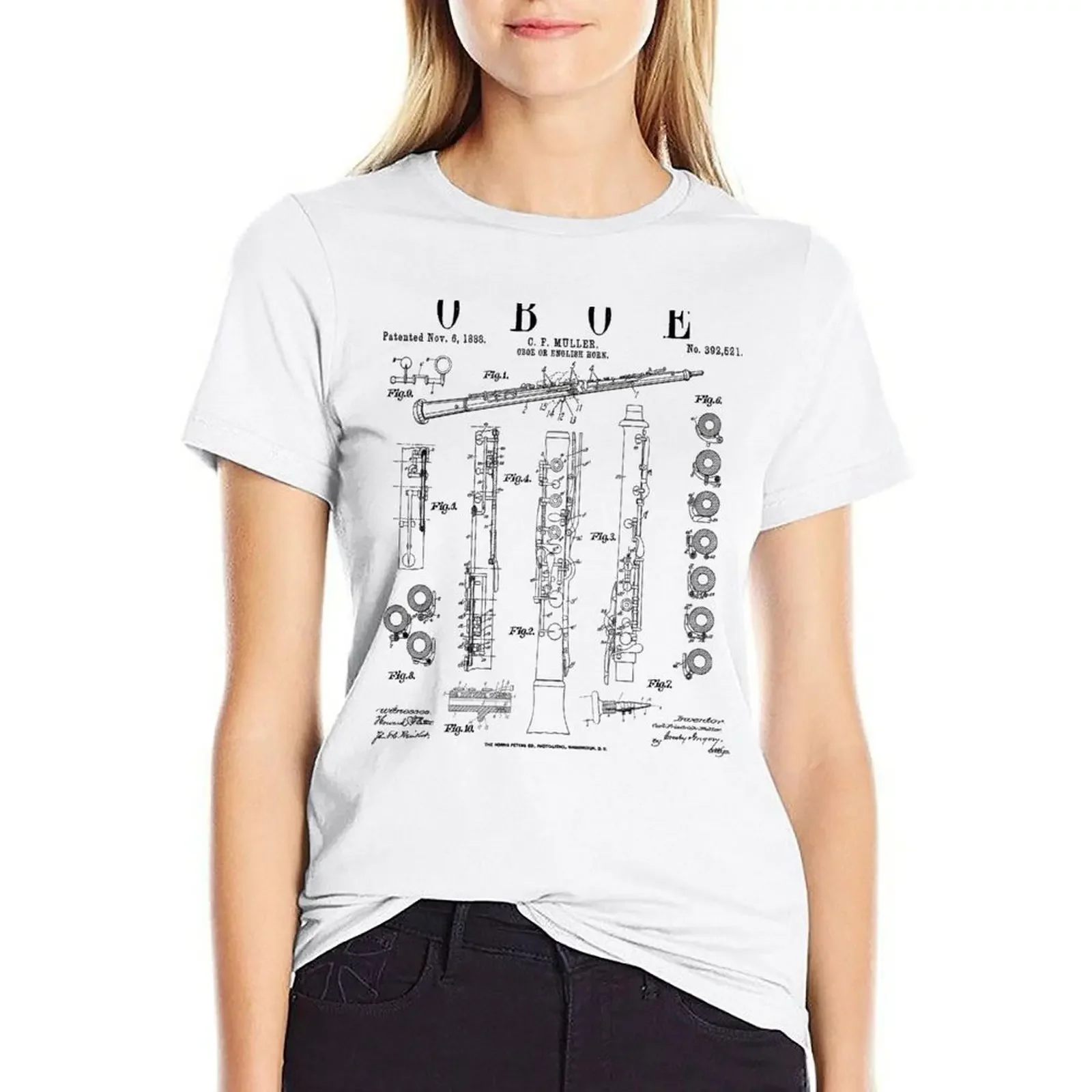 Oboe Vintage Patent Oboist Drawing Print T-shirt cute clothes animal print shirt for girls western t-shirt dress for Women