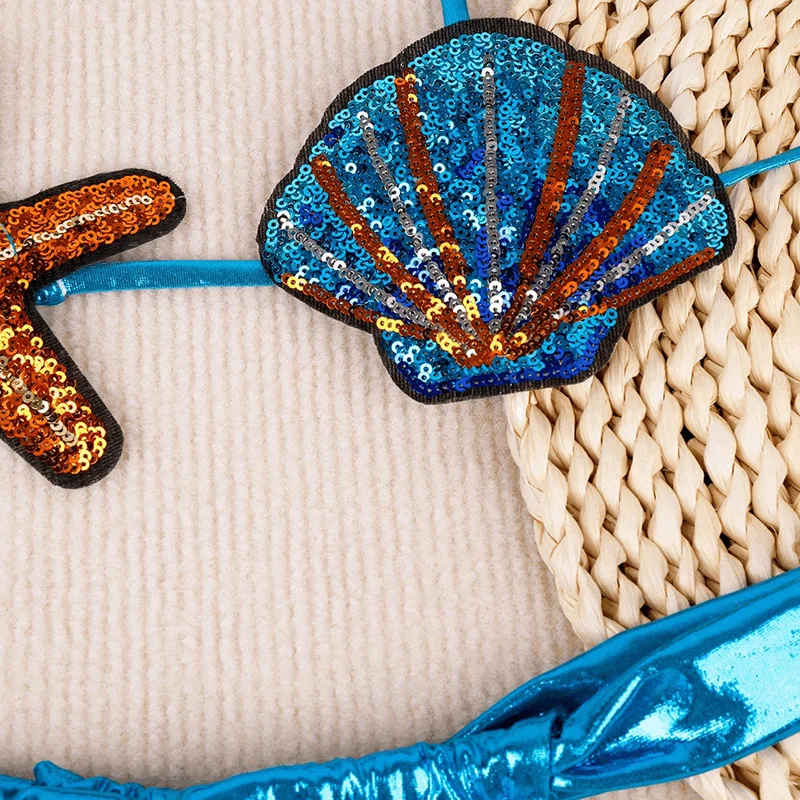 Shiny Sequin Shell Starfish Bikini Set Women Sexy Push Up Pleate Thong Swimsuit 2025 Brazilian Beach Bathing Suit Micro Swimwear