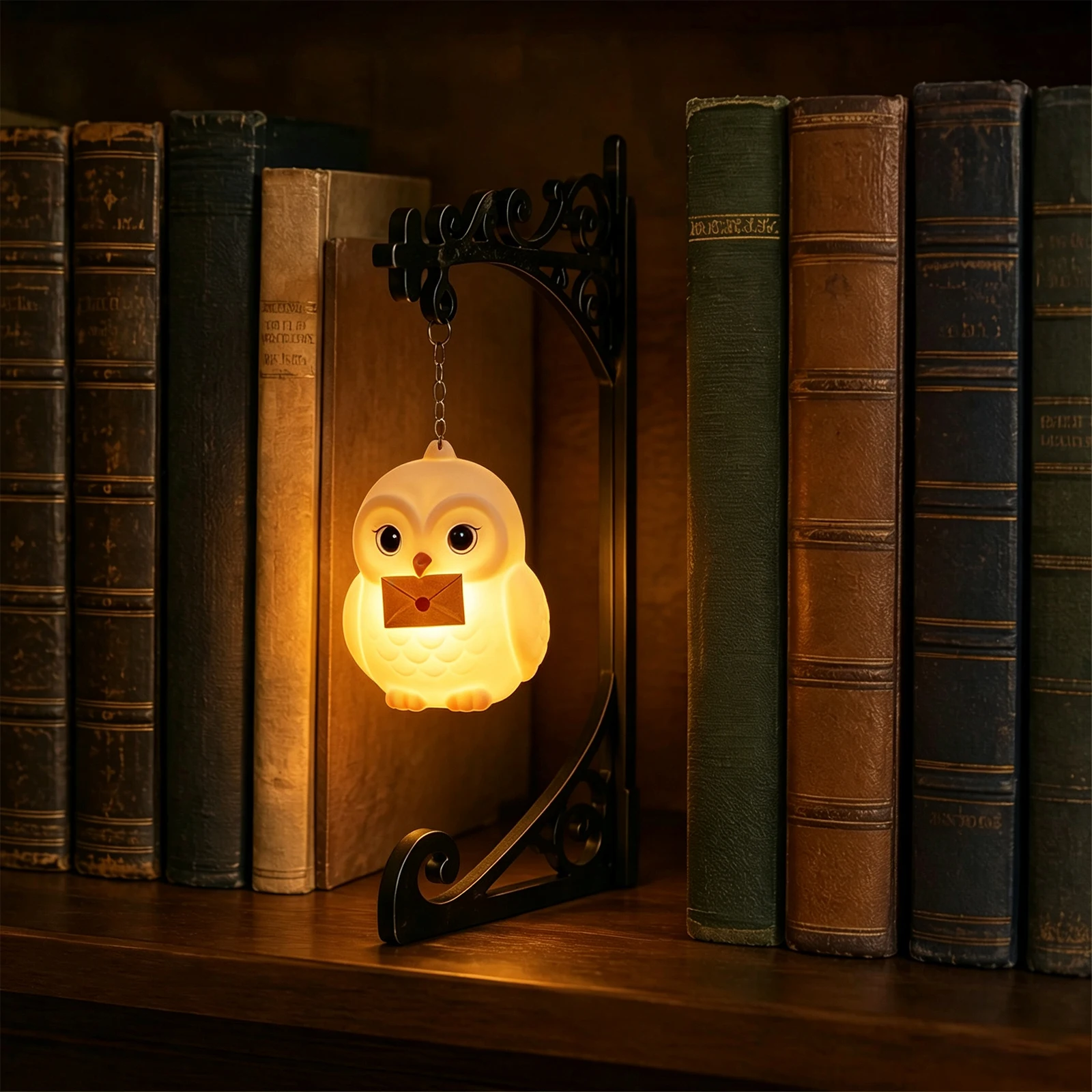 Magic Owl Bookend Shelf Lamp Iron Metal Book Organizer Vintage Decor Glowing Figurine for Home Library Reading Room Office