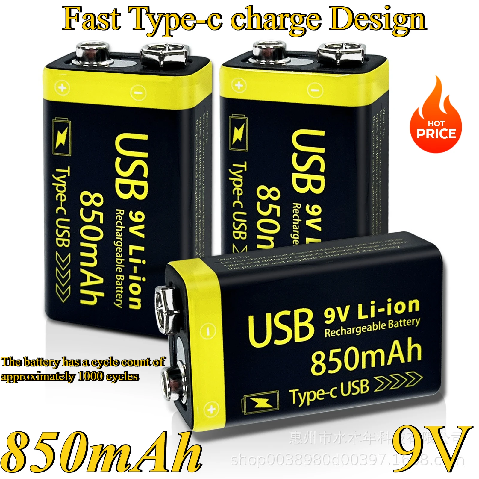 1-10PCS USB 9V 850mAh Type-C Rechargeable Li-ion Battery for Microphone Electric Guitar Bass Multimeter Voltage Meter