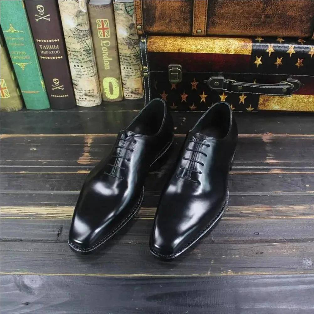 Sipriks Luxury Men\'s Italian Handmade Goodyear Welted Dress Shoes Imported Calf Leather Whole Cut Plain Oxfords Elegant Black