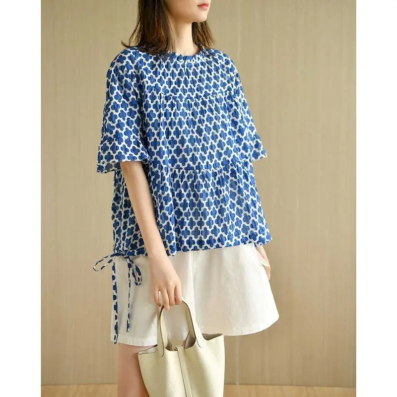 Fashion Design Blouses for Women Casual Loose Fit Oversized Shirt Commuting Blue Salt-Reduced Print Drawstring Hem Tshirt Summer