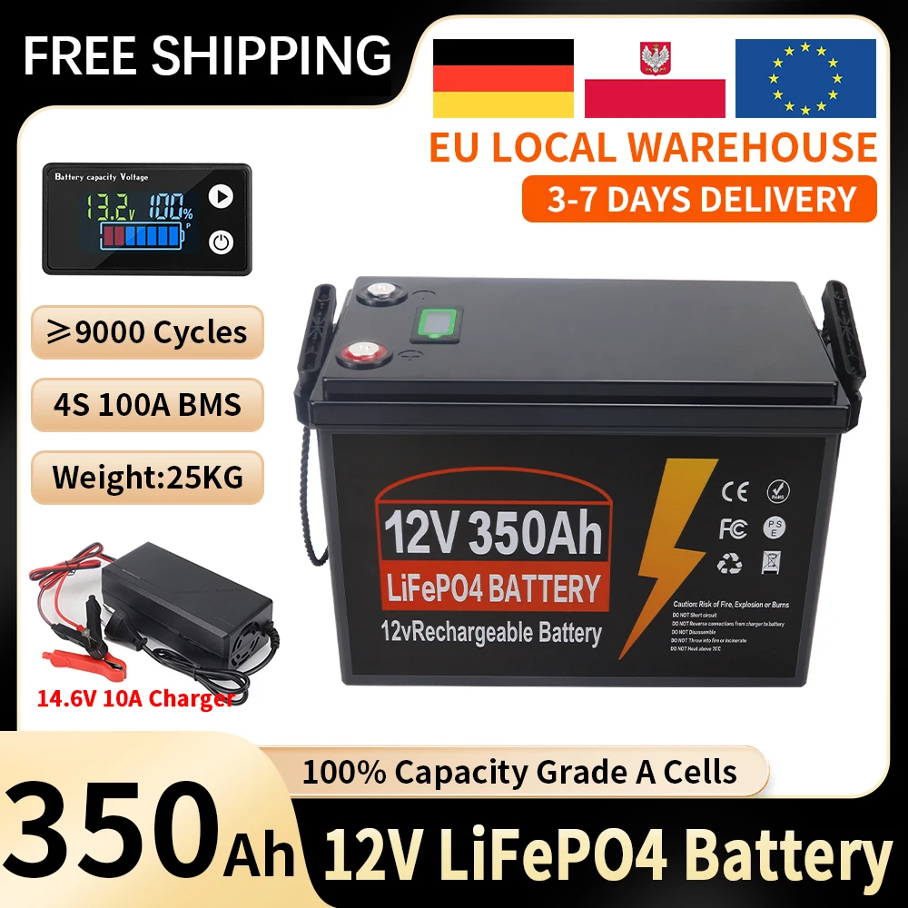 Batteria LiFePO4 12V 350Ah 12.8V ricaricabile con BMS, celle di grado A, oltre 9000 cicli, per solare, camper, golf cart e barche, disponibile in magazzino UE