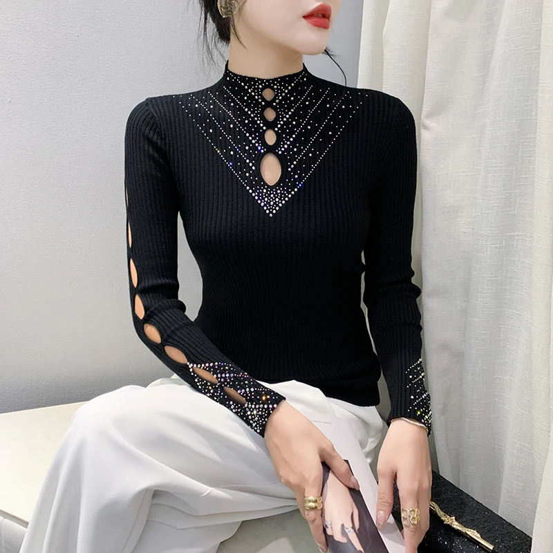 Black Korean Style Fall Winter Knitted Sweater Chic Sexy Hollow Out Patchwork Diamonds Women Long Sleeve Drill Hot Tops New 4930