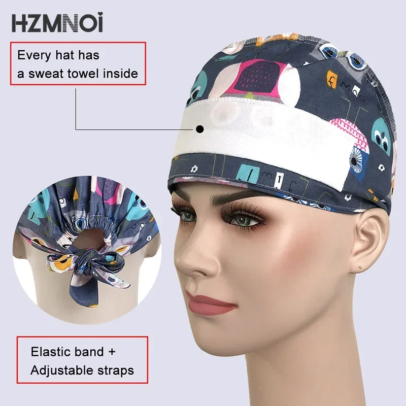 Cartoon Printed Women\'s Surgical Cap, 100% Pure Cotton Dental Cap, Beauty Salon Breathing and Cleaning Cap, Laboratory Work Cap