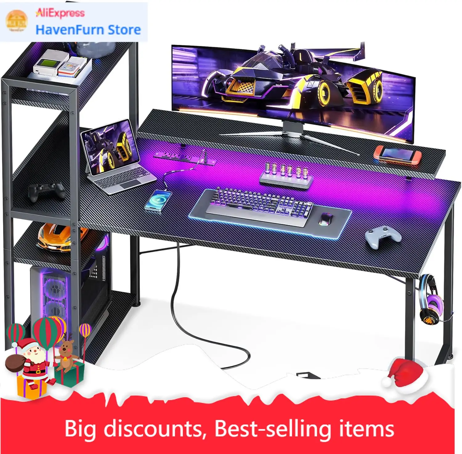 

Reversible Gaming Desk with Power Outlets and LED Lights, 48 Inch Computer Desk with Storage Shelves and Monitor Stand, Modern W