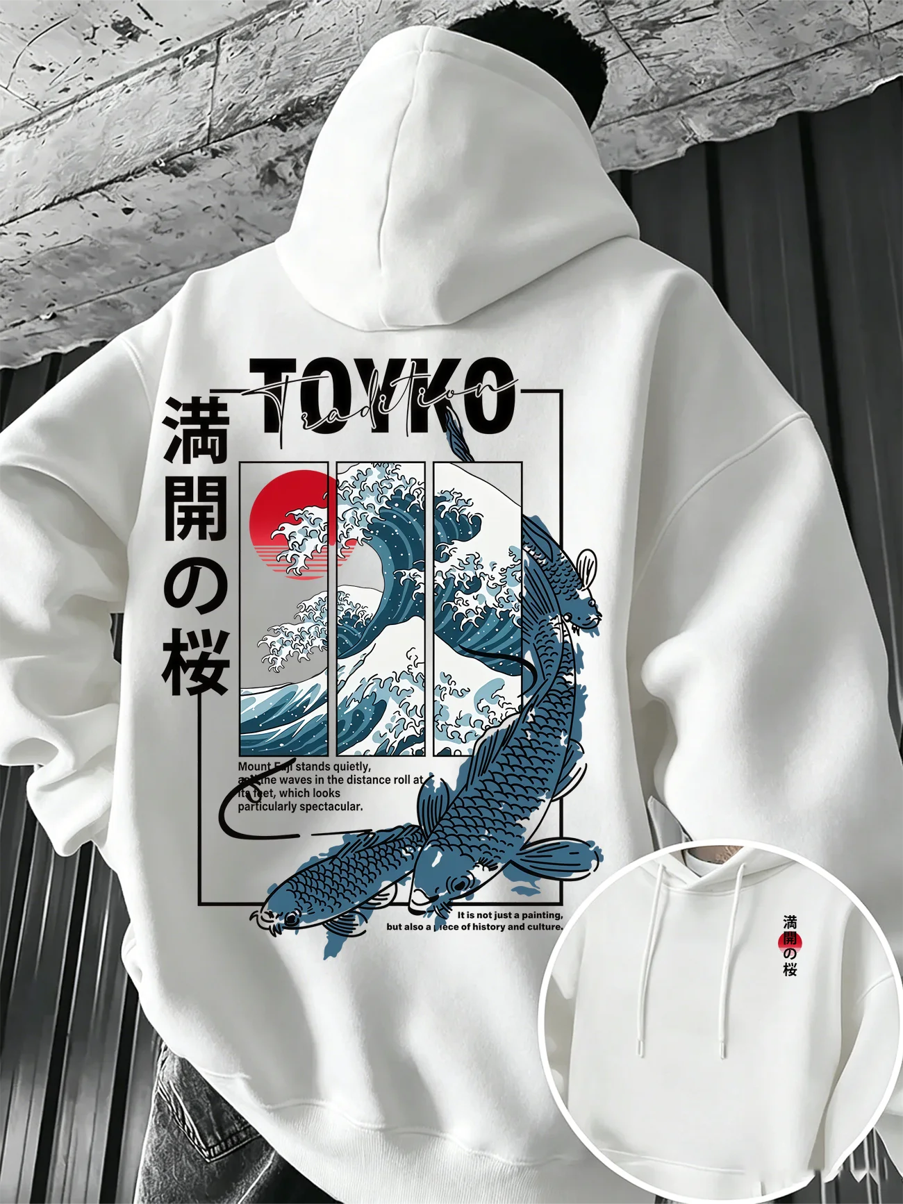 Japanese Casual Street Style Men's Autumn Winter Ukiyo-e-Style Carp Big Wave Narukawa Post-Printed Hooded Sweater