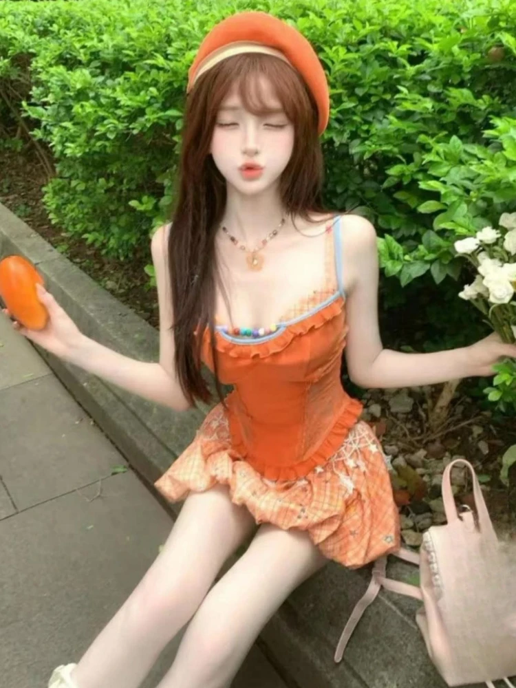 الحلو قطعتين مجموعة Y2k الجمالية الدانتيل المرقعة الخرز الصيف سليم صالح تانك القمم + الجرونج المرأة منقوشة مطوي التنانير الصغيرة دعوى