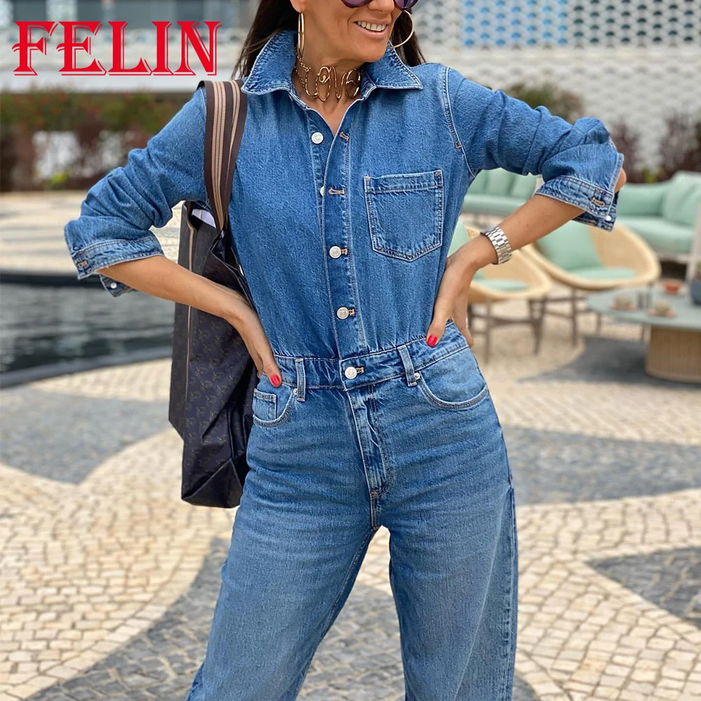 

TRAF 2023 Summer Woman Casual Denim Jumpsuits High Waist Wide Leg Long Bodysuit Stright Button Solid Sashes Female Playsuits