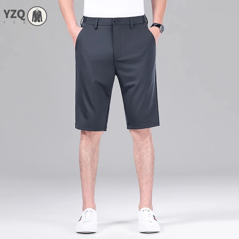 Men Outdoor Straight Knee Shorts Breathable Woven Fabric Fixed Waistband Front Zip Pocket Interview Daily Short Slacks