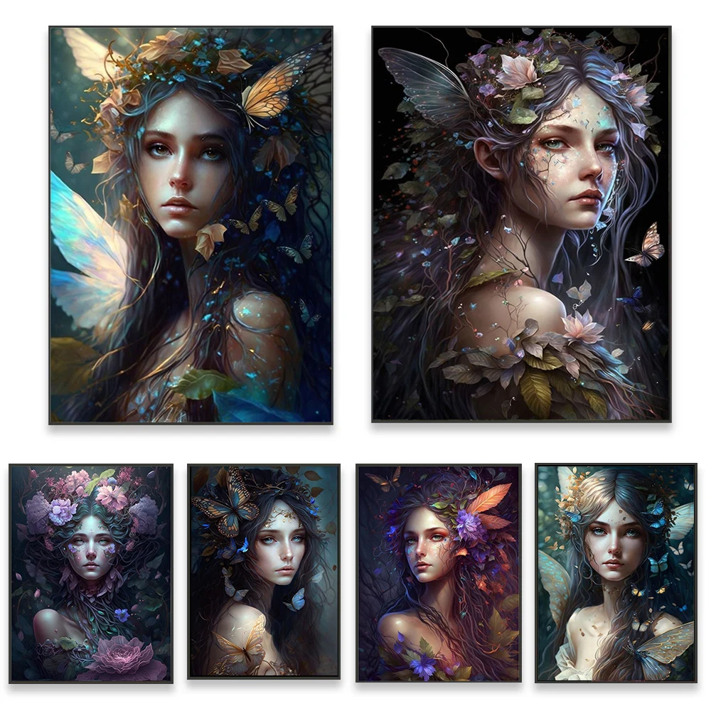 

Abstract Canvas Painting Magic Fairy Wear Flowers Butterflies Poster Printing Fantasy Art Women Painting For Modern Home Decor