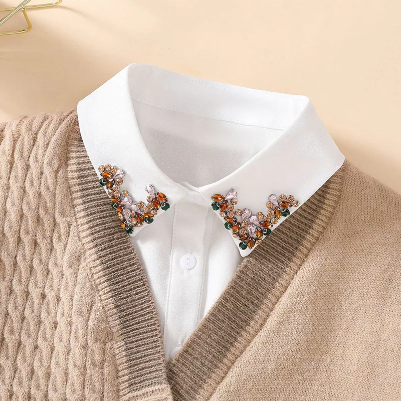 White Embroidery Fake Collar Shirt Women Diamond Decoratio False Collar Lapel Blouse Top Female Detachable Collar Lapel Button