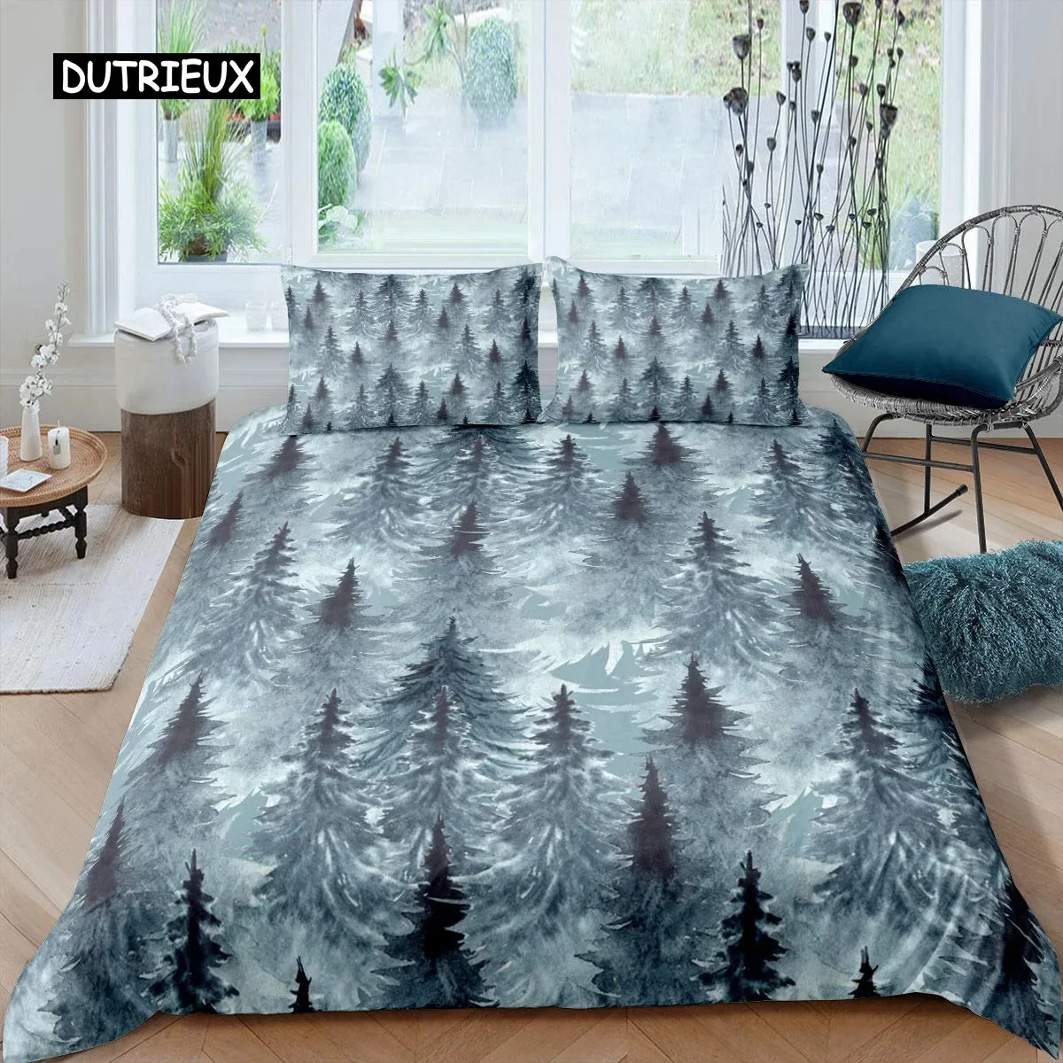 Smoky Mountain Duvet Cover Set Pine Trees Comforter Cover Boys Landscape Quilt Cover Natural Scenery Art Polyester Bedding Set