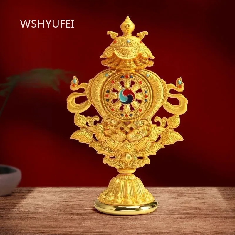 Tibetan 8 Auspicious Symbols Combined Statue Golden Inlaid Gem Dharma Wheel Lotus Base Ornament Home Shrine Altar Worship Decor