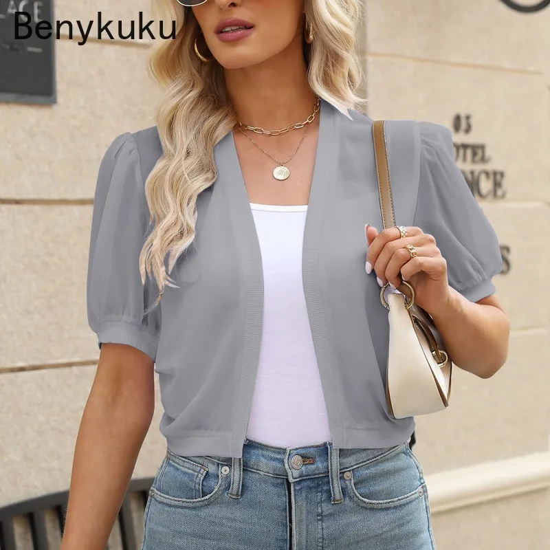 Army Green Women Puff Sleeve Bolero Open Front Shrug 2026 Summer Cropped Top Sheer Jackets Casual Cardigan Shawl for Womens Work
