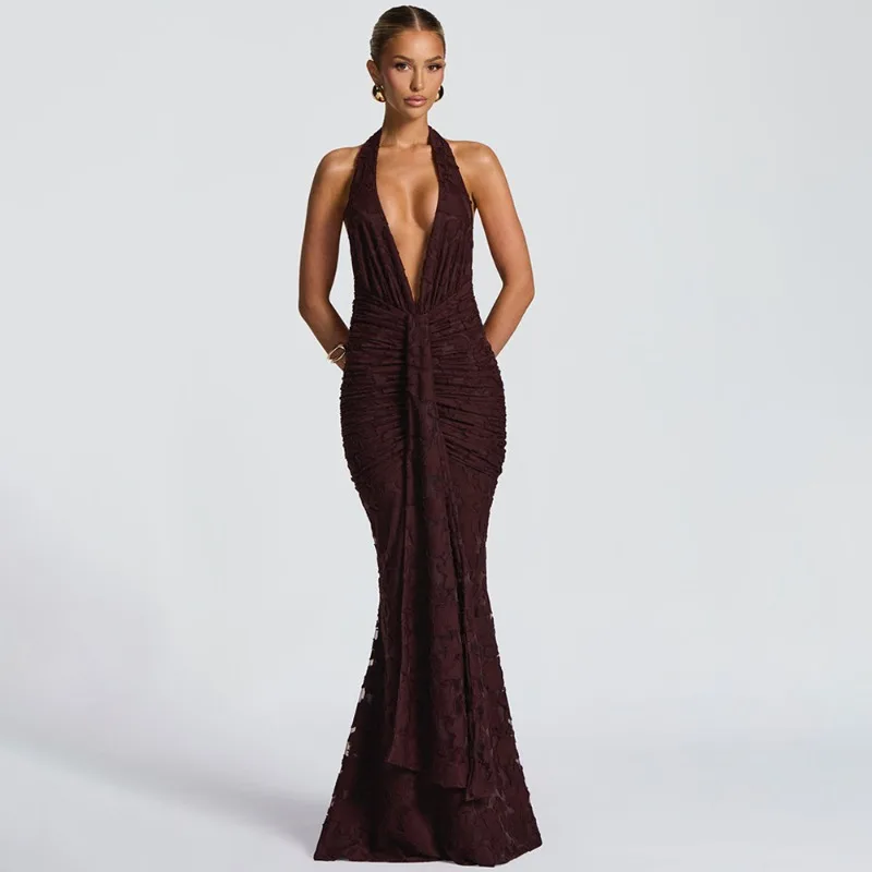 Dress Fishtail Maxi Skirt Women's Seductive V-neck Backless Bodycon Tie-front Pleated New Comfortable Minimalist Niche Versatile