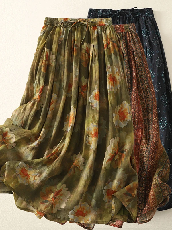 n Sle Floral Print Cotton Linen Skirt Women's mid Waist A-Line Midi Skirt Summer New Retro Forest System Skirt