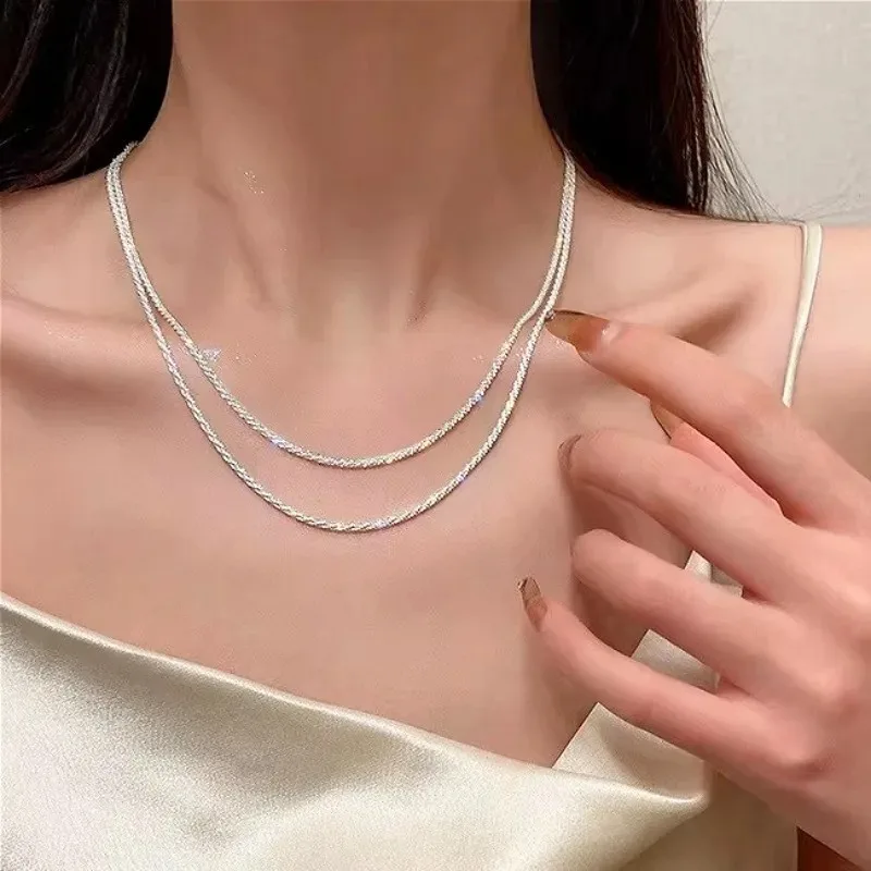 Fashion Glitter Sparkly Thin Chain Choker Necklace for Women Shiny Textured Layering Necklace Elegant Party Wedding Jewelry Gift