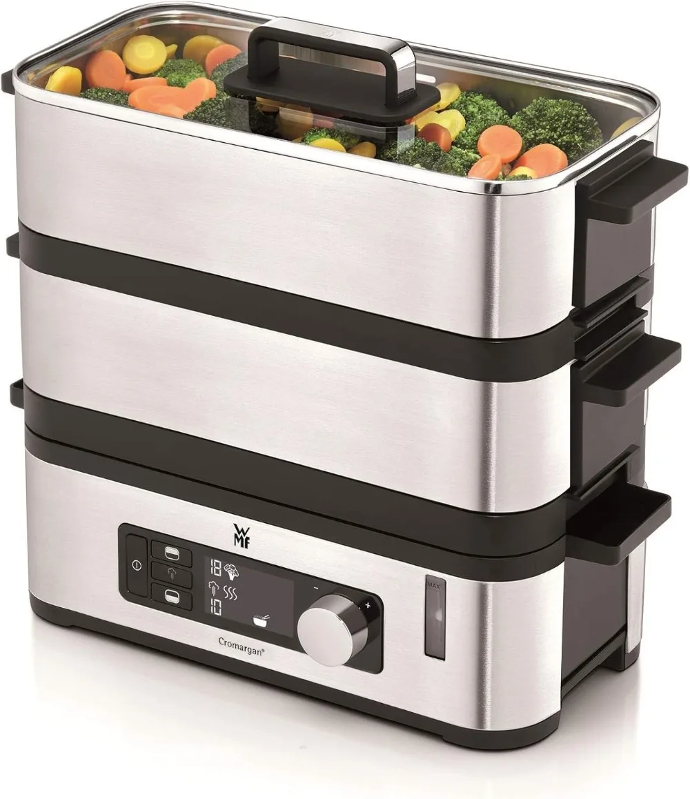WMF Kitchenminis - Vaporera, 900 W de hasta 4,3 l y depósito de Agua de 1,1 l, dos Zonas de cocción y función de mantenimiento d